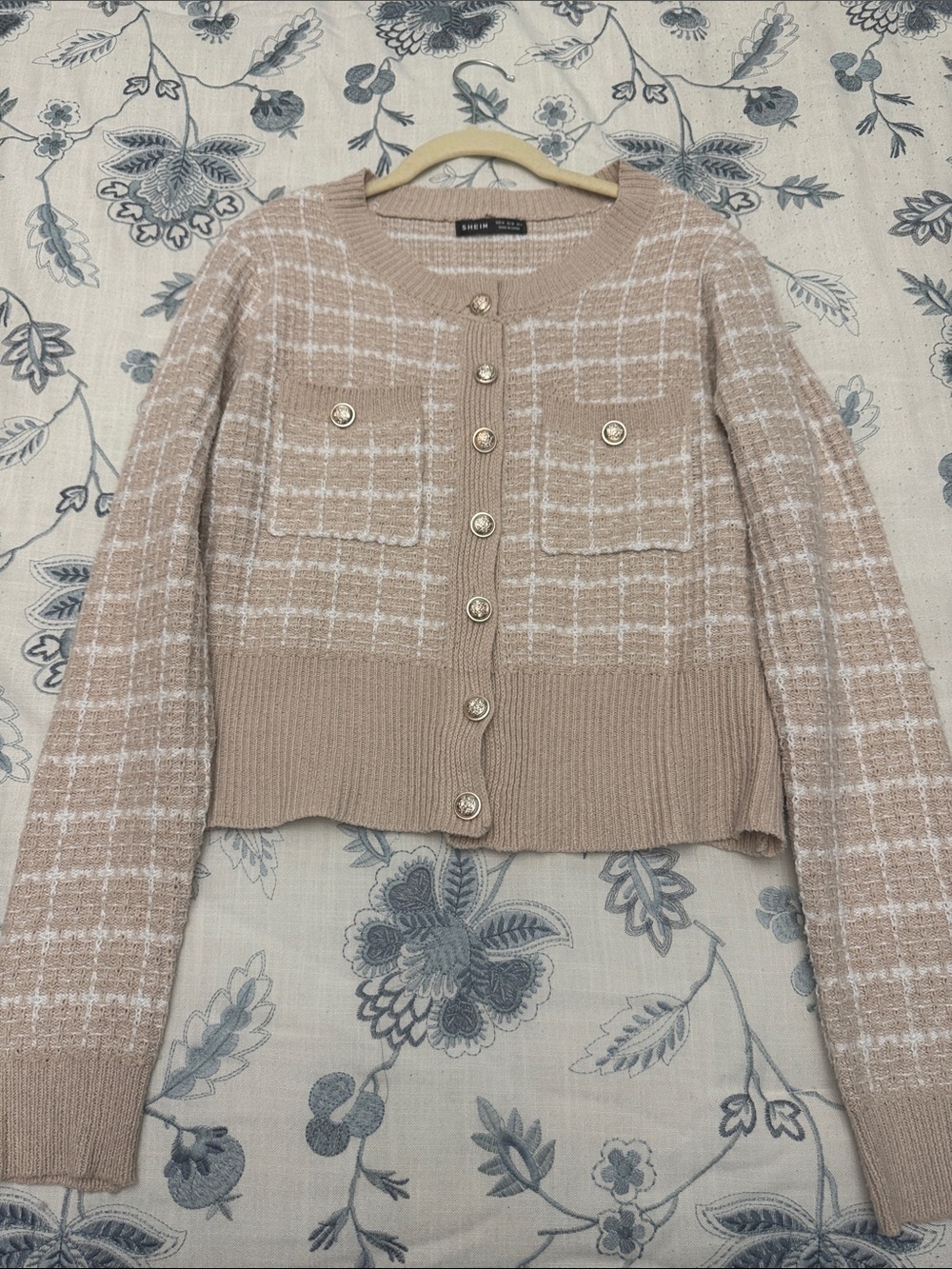 SHEIN Beige & White Plaid Knit Button-Front Cardigan